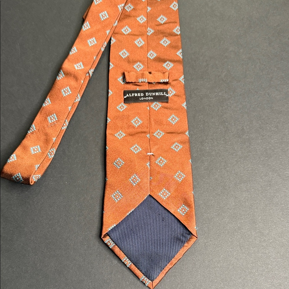 Alfred Dunhill London Orange Tie with a Blue Diamond Patterned Men's 100% Silk